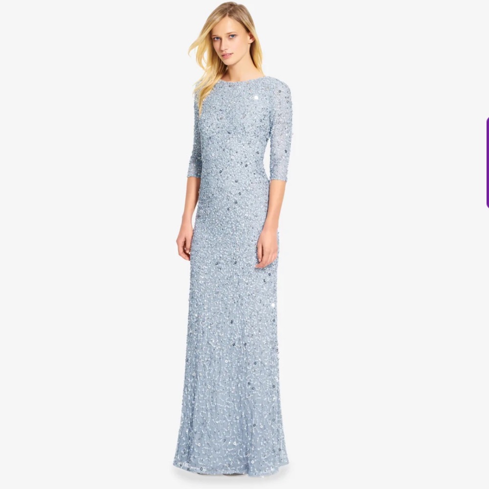 NWT Adrianna Papell Scoop Back Sequin Gown with 3/4 Sleeves, Blue, Size 18